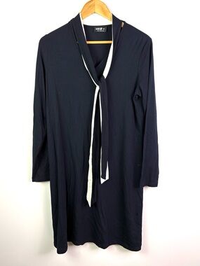 MIIK Navy Tie-Neck Shift Dress with White Trim made in Canada size L